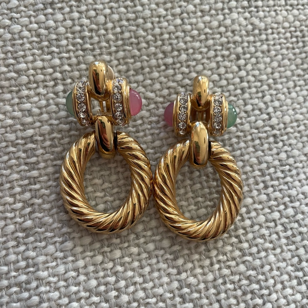 GIVENCHY SIGNED VINTAGE CLIP-ON EARRINGS CABACHON GENSTONES & RHINESTONES